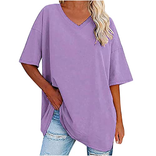 Damen Longbluse Einfarbig Oversize Tunika Kurzarm V-Ausschnitt Longshirt Tshirt Lässig Bluse Tops Sommer Lange Shirt T-Shirt Locker Longtops Pullover Casual Oberteile Blusentops Sportshirt für Frauen von TRIGLICOLEUM