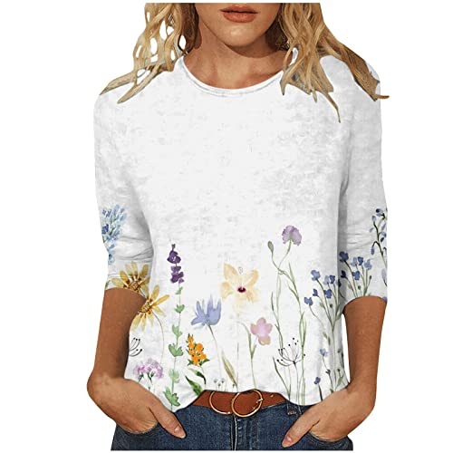 Damen Oberteile 3/4 Arm Bluse Lässige Federdruck Tshirt 2023 Tunika Shirt Sommer Rundhals Pullover Party Tee Tops Longbluse Dünne T Shirts Lose Bequeme Blusentops Sportbekleidung für Outdoor von TRIGLICOLEUM