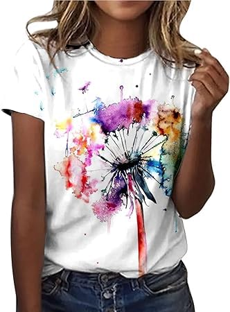 Damen Oberteile Sommer Tshirt Kurzarm Bluse mit Rundhalsausschnitt Bunte Blumen Drucken T-Shirt Tee Tops Pullover Teenager Mädchen Pulli Tunika Shirt Freizeit T Shirts Longbluse für Frauen von TRIGLICOLEUM