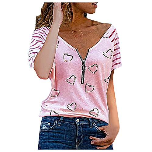 Damen Reißverschluss Bluse V-Ausschnitt Tshirt Sommer Tops Mode Liebe Herz Drucken Tunika Longtops Aushöhlen Kurzarm T-Shirt Bequeme Oberteile Blusenshirt Leichte Pullover Party Shirt Große Größen von TRIGLICOLEUM