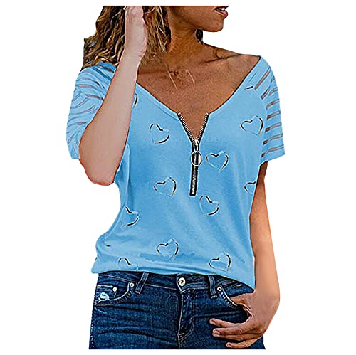 Damen Reißverschluss Bluse V-Ausschnitt Tshirt Sommer Tops Mode Liebe Herz Drucken Tunika Longtops Aushöhlen Kurzarm T-Shirt Bequeme Oberteile Blusenshirt Leichte Pullover Party Shirt Große Größen von TRIGLICOLEUM