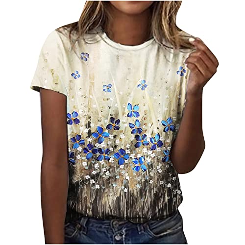 Damen Sommer Oberteile Tshirt Bunte Blumen Drucken Bluse Kurzarm T-Shirt mit Rundhalsausschnitt Tee Tops Pullover Teenager Mädchen Pulli Tunika Shirt Lose Bequem T-Shirts Sportshirt für Frauen von TRIGLICOLEUM