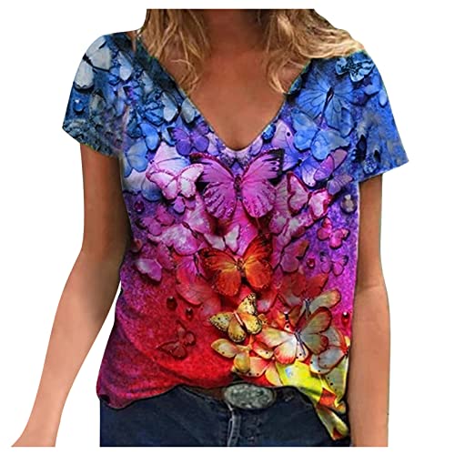 Damen Tshirt Sommer Bluse Mode 3D Schmetterling Druck Longtops Kurzärmeliges V-Ausschnitt T-Shirt Tee Tops Leichte Shirt Tunika Locker Oberteile Pulli Slim Fit Blusentops Streetwear für Frauen von TRIGLICOLEUM