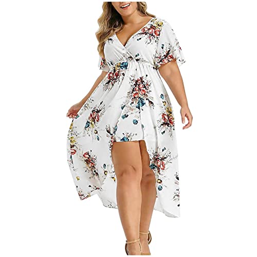 Große Größen Abendkleid Damen Elegant V-Ausschnitt Kurzarm Partykleid Blumendruck Cocktailkleid Hoher Taille Ballkleid mit Schlitz Langes Kleider Swingkleid in A-Linien Plus Size Maxikleid 5XL von TRIGLICOLEUM