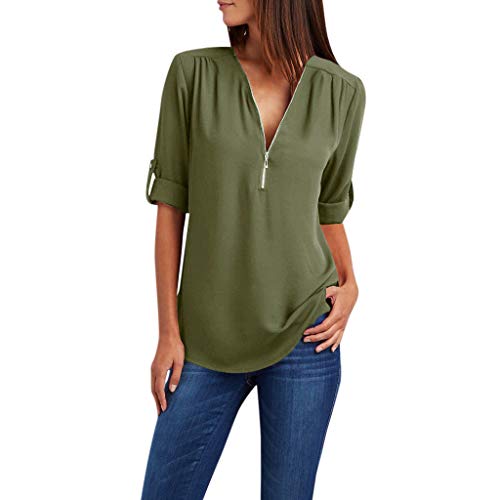 Longbluse Damen Chiffon V-Ausschnitt Bluse mit Reißverschluss Elegant Einfarbig Langarmshirt Große Größen Shirts Tunika Tops Slim Fit Tshirt Leichte Hemdbluse Oberteile Blusenshirt Blusen 5XL von TRIGLICOLEUM