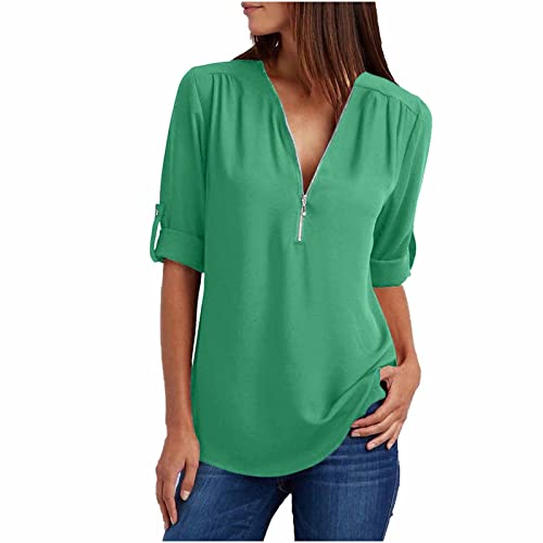 Longbluse Damen Chiffon V-Ausschnitt Bluse mit Reißverschluss Elegant Einfarbig Langarmshirt Große Größen Shirts Tunika Tops Slim Fit Tshirt Leichte Hemdbluse Oberteile Blusenshirt Blusen 5XL von TRIGLICOLEUM