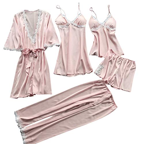 Nachtwäsche Set Damen Einfarbiger Satin Schlafanzug 5PC Pyjama Sexy Bademantel mit Tiefem V-Ausschnitt+ Spitzen Sling Nachthemd+ Rückenfreie Unterwäsche+ Atmungsaktive Lange Hosen + Kurze Hosen von TRIGLICOLEUM