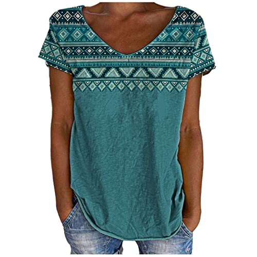 Oberteile Damen Sommer Bluse Ethno Stil Longtops T-Shirt Kurzärmeliges Lose V-Ausschnitt Tshirt Pullover Bequeme Tee Tops Tunika All Match Shirt T-Shirts Boho Blusentops Laufshirt für Frauen von TRIGLICOLEUM