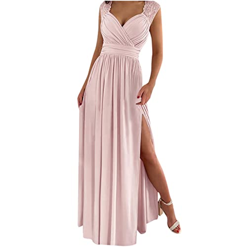 Partykleid Damen Elegantes Einfarbiges Swing Kleid Spitzen Spleißen Langes Maxikleid hoher Taille Abendkleid mit Schlitz Cocktailkleid mit Tiefem V-Ausschnitt Ärmelloses Ballkleid Karnevalskleid von TRIGLICOLEUM