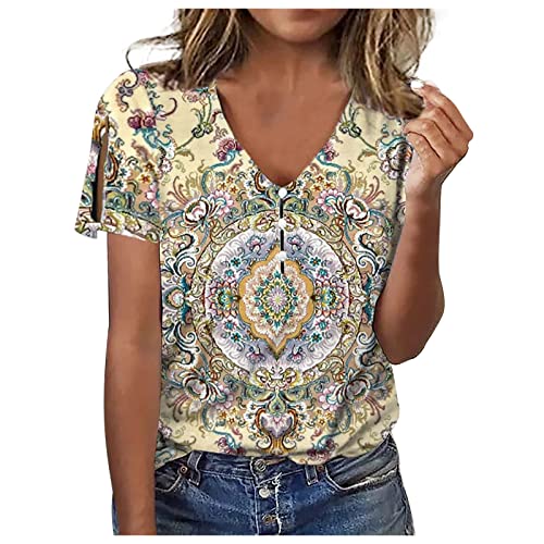 Shirt Damen Knopf V-Ausschnitt Bluse Sommer Kurzarm Tshirt Schulterfrei T-Shirt Elegant Oberteile mit Blumendruck Party Pullover Tops Blusentops Tunika Teenager Mädchen Blusenshirt Große Größen von TRIGLICOLEUM