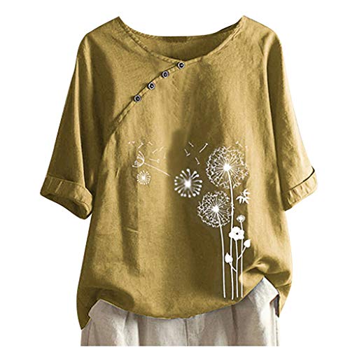 Sommer Tshirt Damen Vintage Knöpfe Baumwolle Leinen Bluse Große Größen Einfarbig Oberteile Kurzarm T-Shirt Casual Rundhals Pullover Tunika Shirt Tee Tops Hemden Locker Blusenshirt Hemdbluse 5XL von TRIGLICOLEUM