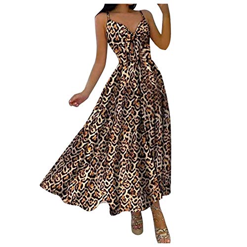 Sommerkleid Damen Klassisches A-Linie Kleid mit Leopardenmuster Trägerkleid mit Tiefem V-Ausschnitt Sexy Schulterfreies Boho Kleid Langes Kleid mit Hohem Taillenschlitz Mode Strandkleid mit 3D Druck von TRIGLICOLEUM