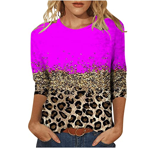 T Shirt Damen Bunte Leopard Patchwork Bluse 3/4 Arm Tshirt Sommer Tee Tops Lose Bequeme Oberteile O-Ausschnitt Pullover Party Basic Shirt Longbluse Longtops Tunika T-Shirt Geschenk für Frauen von TRIGLICOLEUM