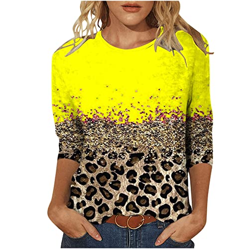 T Shirt Damen Bunte Leopard Patchwork Bluse 3/4 Arm Tshirt Sommer Tee Tops Lose Bequeme Oberteile O-Ausschnitt Pullover Party Basic Shirt Longbluse Longtops Tunika T-Shirt Geschenk für Frauen von TRIGLICOLEUM