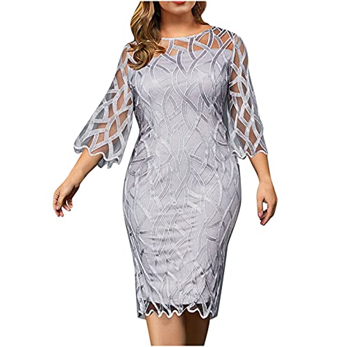 TRIGLICOLEUM Ballkleid Damen Pailletten Abendkleid Elegante Einfarbige Midi Etuikleid Große Größen Rundhals Mesh Spleißen Partykleid Perspective Cocktailkleid Bodycon Glitzerkleid Hüftkleid 4XL von TRIGLICOLEUM