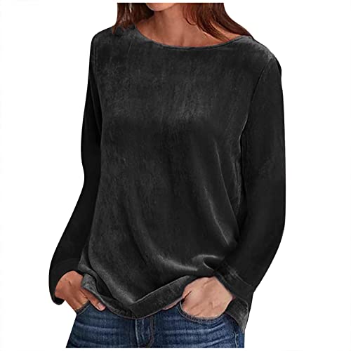 TRIGLICOLEUM Damen Gold Samt Oberteile Elegant Einfarbige Langarmshirt Basic Shirt Winter Warm Sweatshirt Tunika Tops Bequeme Weiche Bluse Frühling Rundhals Pullover Langarm Longshirt Blusenshirt von TRIGLICOLEUM