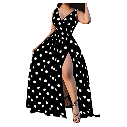 TRIGLICOLEUM Damen Kleider Elegantes Split Maxikleid Polka Dot Printing Langes Kleid Bohemian Vintage Dress Ballkleid Lang Kleider Damen Sommer Strandkleid Abendkleid Sommerkleid Damen von TRIGLICOLEUM