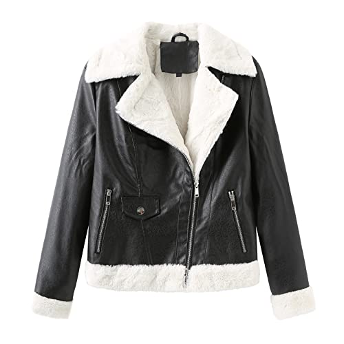 TRIGLICOLEUM Damen Plüsch Lederjacke Kunstleder Bikerjacke Warm Winterjacke Leder Jacke Reverskragen Übergangsjacke Reißverschluss Kurz Kunstlederjacke Langarm Ledermantel Für Frauen Outwear TRIGLICOLEUM Damen Plüsch Lederjacke Kunstleder Bikerjacke Warm Winterjacke Leder Jacke Reverskragen Übergangsjacke Reißverschluss Kurz Kunstlederjacke Langarm Ledermantel Für Frauen Outwear von TRIGLICOLEUM