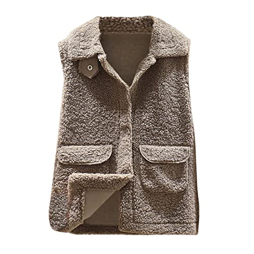 TRIGLICOLEUM Fleece Weste Damen Mode Einfarbige Vest Bequeme Baumwoll Jacke Lässige Lockere Turndown Collar Oberbekleidung Knopf Mantel mit Tasche Herbst Winter Warm Pulli Winterjacke von TRIGLICOLEUM