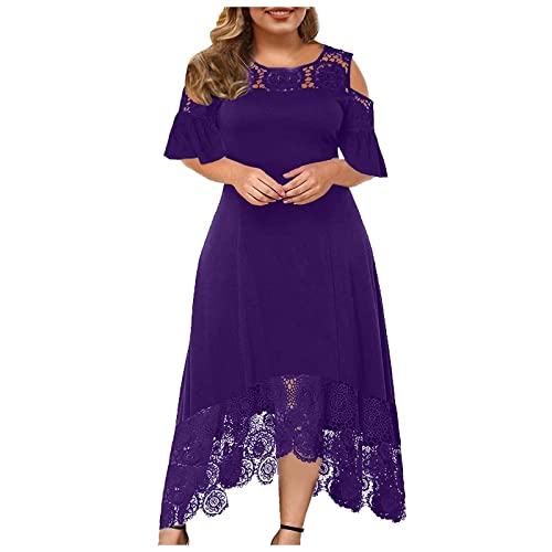 TRIGLICOLEUM Große Größen Abendkleid Damen Elegante Einfarbige Partykleid mit Spitze Nähten Rundhals Schulterfrei Cocktailkleid Rüschen Saum Ballkleid Kleid in A-Linie Maxikleid 5XL von TRIGLICOLEUM