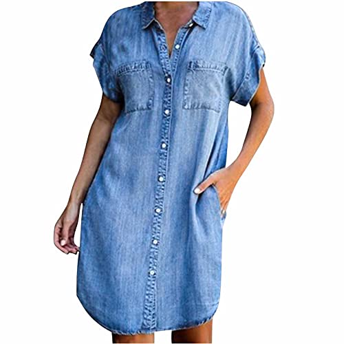 TRIGLICOLEUM Jeanskleid Damen Klassisches Einfarbiges Sommerkleid Modisches Blusenkleid mit Umlegekragen Bequemes Kurzarm Mantelkleid Gerades Kleid Freizeitkleid mit Knopf von TRIGLICOLEUM