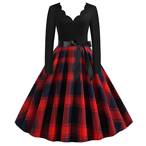 TRIGLICOLEUM Kariertes Weihnachtskleid Damen Langarm V-Ausschnitt Abendkleid Vintage Cocktailkleid Swing Kleid Festlich Weihnachten Ballkleid 50er Rockabilly Kleider Christmas Partykleid von TRIGLICOLEUM