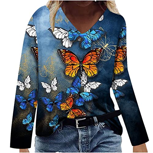 TRIGLICOLEUM Langarmshirt Damen Schöne Bunte Schmetterling Druck Tops Mode Pullover mit V-Ausschnitt Lange Ärmel Tshirt Lockere Blusen Bequeme Oberteile Herbst Dünne Sweatshirt Freizeithemd von TRIGLICOLEUM