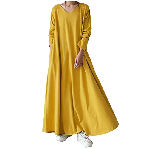 TRIGLICOLEUM Langes Kleid Damen Vintage Einfarbige Winterkleid Lose Baggy Kaftan Langarm V-Ausschnitt Pullover-Kleid Warme Baumwolle Maxikleid Freizeitkleid Tägliches Urlaubskleid Große Größen 5XL von TRIGLICOLEUM