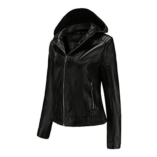 TRIGLICOLEUM Lederjacke Damen Übergangsjacke mit Kapuze Gefütterter Plüsch Leder Jacke Einfarbig Slim Fit Ledermantel Kunstleder Bikerjacke Herbst Winter Kunstlederjacke Reißverschluss Motoradjacke von TRIGLICOLEUM