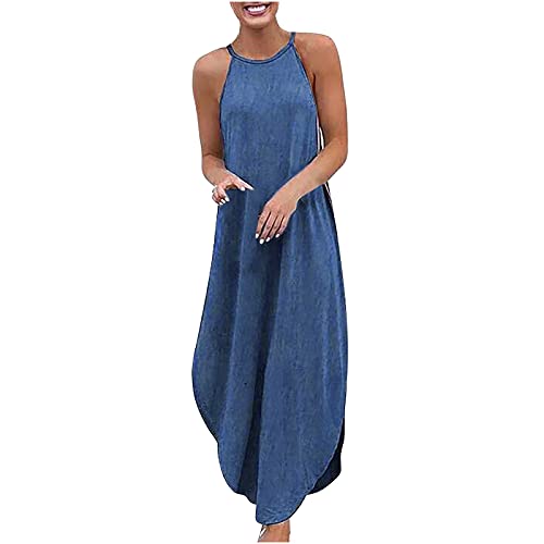 TRIGLICOLEUM Neckholder Jeanskleid Damen Vintage Einfarbig Denim Sommerkleid Sexy Schulterfrei Camisole Kleid Wickelkleid Strandkleid Langes Kleid Maxikleid mit Unregelmäßigem Saum Freizeitkleid von TRIGLICOLEUM