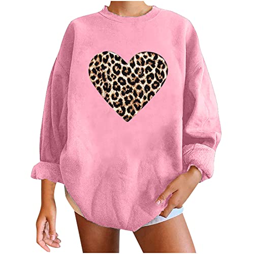 TRIGLICOLEUM Pullover Damen Sweatshirt mit Leoparden Herz Print Übergröße Schlichtes Langarmshirt Oberteile Valentinstag Sweatjacke Pulli Herbst Winter Leichte Sportbekleidung Tops Basic Shirt von TRIGLICOLEUM