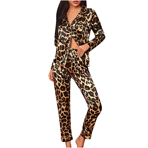 TRIGLICOLEUM Schlafanzug Set Damen Pyjama mit Leopardenmuster Lässiges Nachthemd mit Umlegekragen Bequeme Langärmlige Homewear Zweiteilige Nachtwäsche Warm Button Loungewear +Lange Hosen von TRIGLICOLEUM