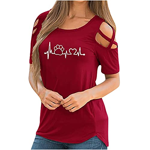 TRIGLICOLEUM Sommer T-Shirt Damen Tops Schulternfrei Kurzarm Tshirt Hundepfoten Druck Bluse Casual Oberteile Pullover mit Rundhals Tunika Basic Shirt All-Match Pulli Streetwear von TRIGLICOLEUM