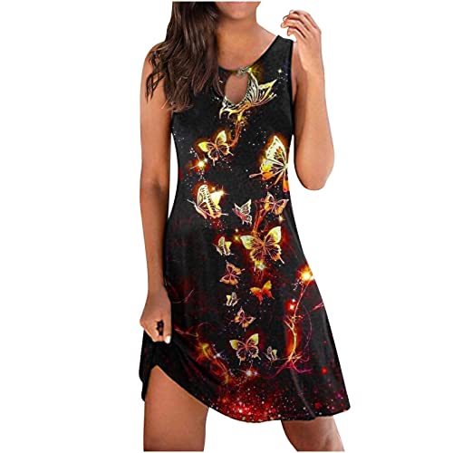 TRIGLICOLEUM Sommerkleid Damen Ausgehöhlt Rundhals Strandkleid Ärmellose Tank-Kleid Bunte Rosendruck Wickelkleid Ärmellose Minikleid Kurze Skaterkleid A-Linien-Kleid Freizeitkleid Partykleid von TRIGLICOLEUM