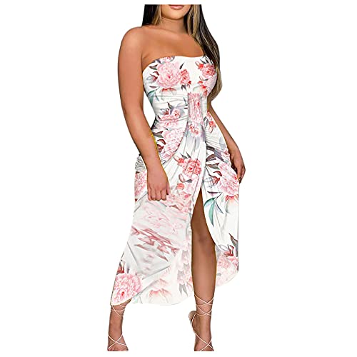 TRIGLICOLEUM Sommerkleid Damen Sommerkleider für Frauen Blumendruck Schlauchkleid Strand Split Kleid Party Club Kleid Trägerlos Langes Maxikleid Lang Kleider Damen Sommer Strandkleid von TRIGLICOLEUM