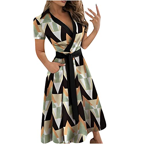 TRIGLICOLEUM Sommerkleider für Frauen, Damen Wickelkleid mit Taschen Schürzenkleid Sommerkleid Druck Midikleid Knielang Kleider Damen Sommer Strandkleid Sommerkleid Damen Cocktailkleid von TRIGLICOLEUM