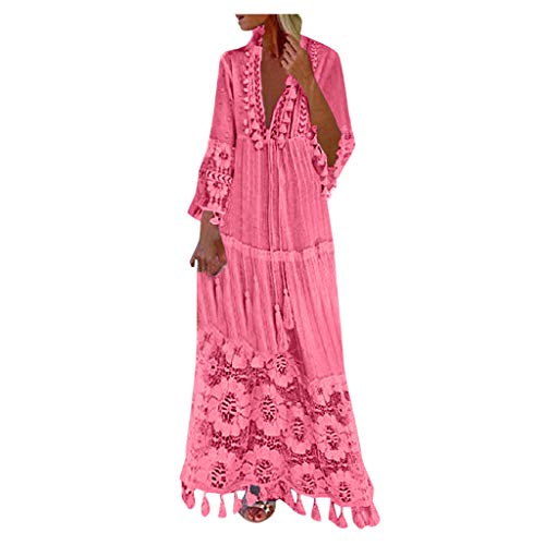 TRIGLICOLEUM Strandkleid Frauen Bohemian Einfarbig Sommerkleid Lange Kleider mit Spitze Langarm Tunika Kleid mit V-Ausschnitt Große Größen Maxikleid A-Linien-Kleid Freizeitkleid Urlaubskleid 5XL von TRIGLICOLEUM