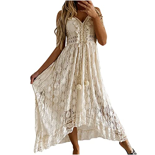 TRIGLICOLEUM Strandkleid Frauen Bohemian Einfarbig Sommerkleid Lange Kleider mit Spitze Langarm Tunika Kleid mit V-Ausschnitt Große Größen Maxikleid A-Linien-Kleid Freizeitkleid Urlaubskleid 5XL von TRIGLICOLEUM