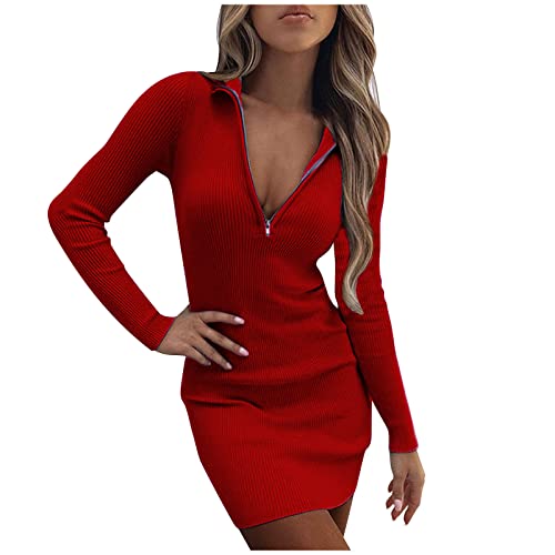 TRIGLICOLEUM Strickkleid Damen Sexy Einfarbige Etuikleid Winterkleid Reißverschluss V-Ausschnitt Pulloverkleid Winter Langarm Wickelkleid Bodycon Minikleid Hüftkleid Bleistiftkleid Große Größen 3XL von TRIGLICOLEUM