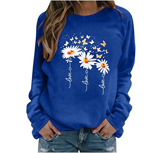 TRIGLICOLEUM Sweatshirt Damen Langarmshirt Pullover Mit O-Ausschnitt Lässige Blume Schmetterling Druck Oberteile Herbst Winter Pulli Tops Lose Langarm T-Shirt Bequeme Basic Bluse Jumper Shirt von TRIGLICOLEUM