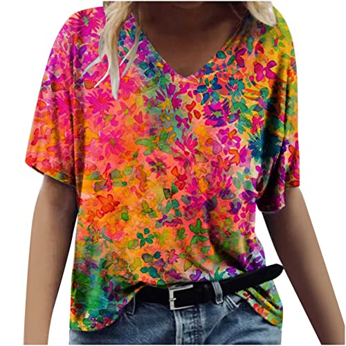 TRIGLICOLEUM Tshirt Damen Oversize Sommer T-Shirt Mode Marmordruck Oberteile Lose V-Ausschnitt Kurzarm Bluse Pullover Tee Tops Bunte Sport Shirt All-Match Blusen Streetwear Basic Hemden Für Frauen von TRIGLICOLEUM