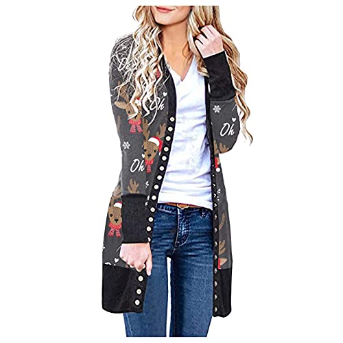 TRIGLICOLEUM Weihnachten Strickjacke Damen Süße Weihnachts Elch Print Cardigan Tops Vorne Offene Langarmshirt Bluse Herbst Winter Bequeme Lange Oberbekleidung Zuknöpfen Sportbekleidung Jacke von TRIGLICOLEUM