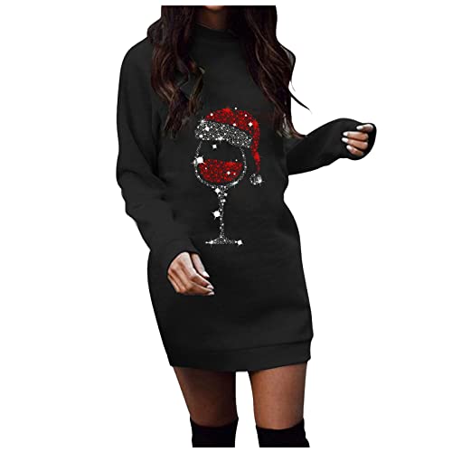 TRIGLICOLEUM Weihnachten Sweatkleid Damen Rot Weinglas Druck Minikleid Lose Rundhals Weihnachtskleid Herbst Winter Weihnachtspullover Christmas Langarm Pulloverkleid Sweatshirt Kleider Strassenmode von TRIGLICOLEUM