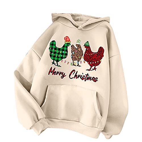 TRIGLICOLEUM Weihnachts Hoodie Damen Kapuzenpullover mit Hahnen Muster Lässige Langarmshirt Bluse Tunika Kapuzenpulli mit Tasche Herbst Winter Leichtes Kapuzen Sweatshirt Merry Christmas von TRIGLICOLEUM