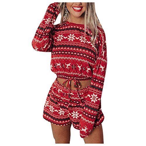 TRIGLICOLEUM Weihnachts Pyjama Set Damen 3D Schneefliegen-Druck Nachthemd Zweiteiliger Schlafanzug Lange Ärmel Nachtwäsche + Elch Print Kordelzug Kurze Hose Weihnachts-Loungewear Homewear von TRIGLICOLEUM