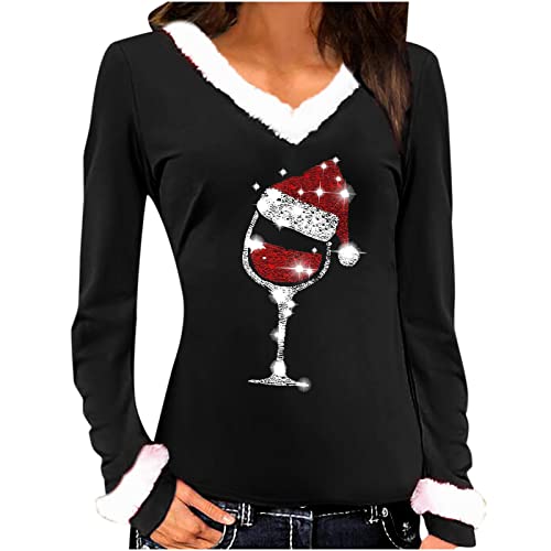 TRIGLICOLEUM Weihnachtspullover Damen Samt V-Ausschnitt Langarmshirt Weihnachten Bluse Rot Weinglas Druck Oberteile Herbst Winter Sweatshirt Christmas Pullover Weihnachtspulli Tunika Shirt Tops von TRIGLICOLEUM