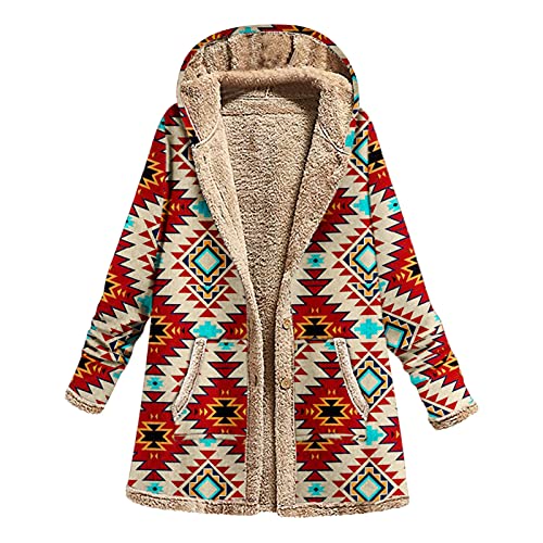 TRIGLICOLEUM Winterjacke Damen Kapuzenmantel im Vintage Ethno Stil Plus Samt Kapuzenjacke Oberbekleidung mit Geometrie Print Lässiger Lockerer Langarm Kapuzenpulli Herbst Winter Warmer Fleece Mantel von TRIGLICOLEUM