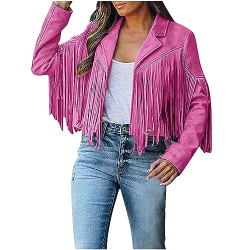 TRIGLIKOLEUM Cowboy Jacke Damen Faux Wildleder Lederjacke mit Quasten Crop Fransen Strickjacke Mantel Freizeit Langarm Übergangsjacke Kurze Fransenjacke Motorradjacke Bikerjacke Outdoor Fransenmantel von TRIGLICOLEUM