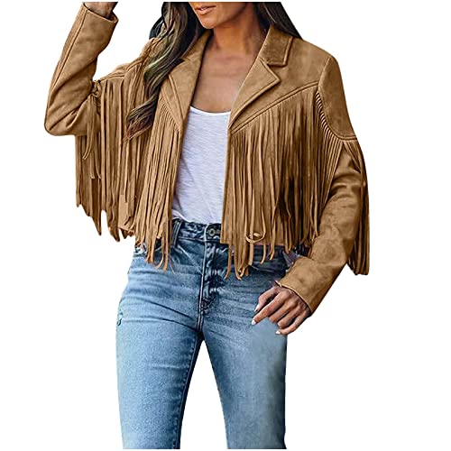 TRIGLIKOLEUM Damen Faux Wildleder Lederjacke mit Fransen Crop Quasten Strickjacke Mantel Freizeit Übergangsjacke Langarm Herbstjacke Kurze Fransenjacke Motorradjacke Bikerjacke Oberbekleidung von TRIGLICOLEUM