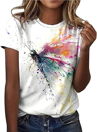 Tshirt Damen Sommer Weißes T Shirt Blusen & Tuniken für Damen Sommerlich Kurzarm T-Shirt Oberteile Bluse mit Aufdruck Bunte Blumen Party Rundhals Tee Tops Pullover Sommer Shirt Tunika Hemden von TRIGLICOLEUM